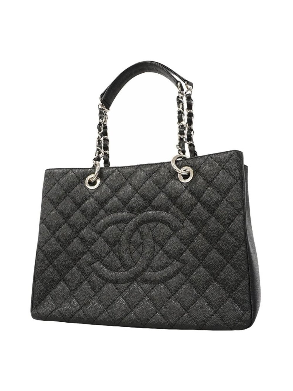 Chanel Chain Tote Quilted Caviar Leather Black Silver